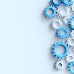 A collection of blue and white gears arranged on a light background.