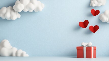 A festive scene with a gift box and floating hearts in a blue backdrop.