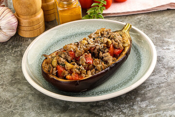 Baked eggplant stuffed meat and tomato
