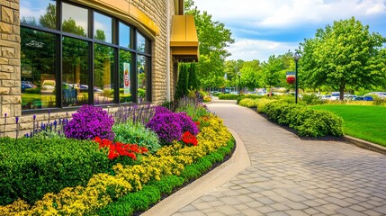 Fototapeta premium Serene Modern Senior Care Facility with Lush Garden and Inviting Entrance. Aesthetic and Welcoming Environment for Elderly Care and Wellness.