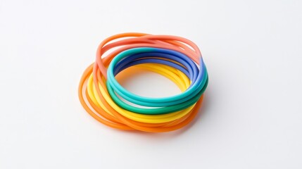 Colorful Rubber Bands Stacked in a Circular Arrangement on a White Surface for Office Supplies and Stationery Themes