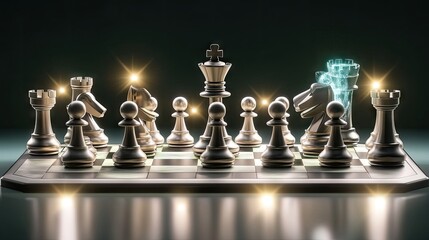 A futuristic chess set illuminated with glowing pieces, showcasing strategy and competition.