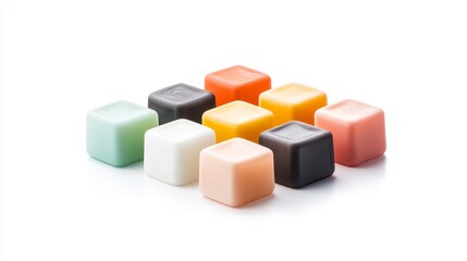 Obraz premium Colorful assorted gum paste cubes arranged in a creative layout on a bright background suitable for culinary decoration, baking, or craft use