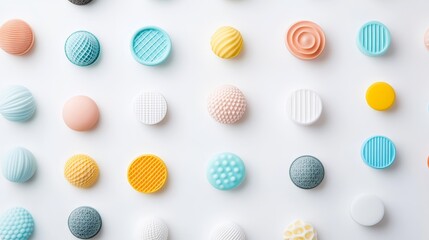 Fototapeta premium Colorful and Textured Buttons Arranged in a Pattern on a White Background for Creative and Modern Design Concepts