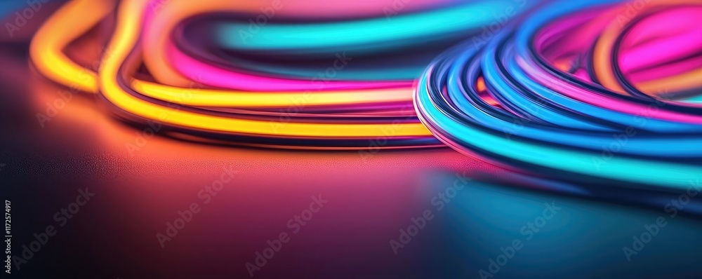 Poster neon abstract background idea. colorful neon light wires glowing in a dark environment create a vibr
