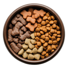 Assorted Dog Food Kibbles in a Brown Bowl for Pet Nutrition