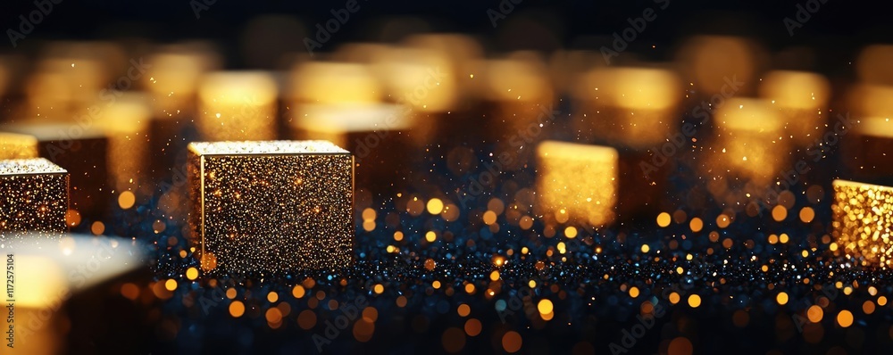 Poster Glitter abstract background concept. Abstract golden cubes shimmering with light on a dark background, creating a magical effect.