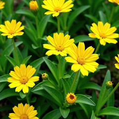 Obraz premium Yellow Tagetes flowers in a lush green garden, spring garden, yellow flowers, yellow flowers