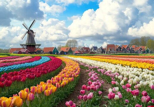 A colorful tulip field with rows of white, red, and yellow flowers under a cloudy sky in the Dutch countryside, featuring quaint windmills and traditional houses. 
