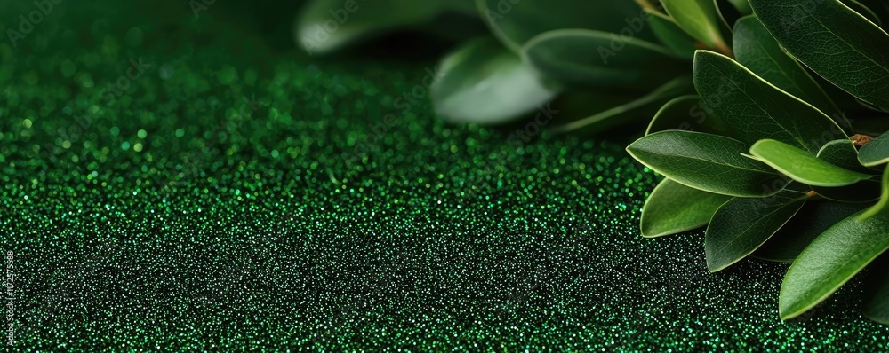 Aufkleber glitter abstract background concept. close-up of fresh green leaves on a textured surface with spark