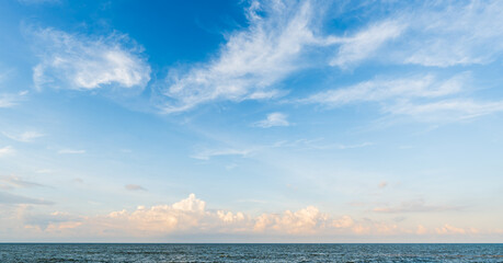 Evening blue sky clouds over sea, Horizon sea sky landscape nature Background