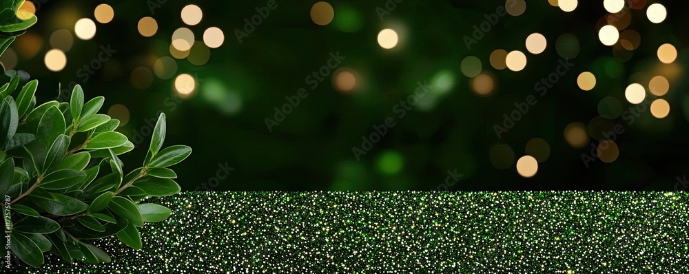 Poster Glitter abstract background concept. A lush green background with soft glowing lights for a calming ambiance.
