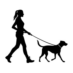 silhouette of a woman walking a dog pet care vector illustration, Full length profile shot