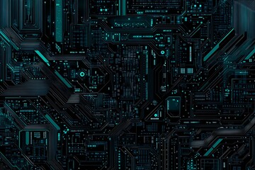 Abstract close-up of a glowing blue digital circuit board, showcasing intricate connections and technological design on a black background.
