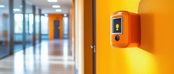 Fire alarm device on a vibrant orange wall in a modern hallway, emphasizing safety