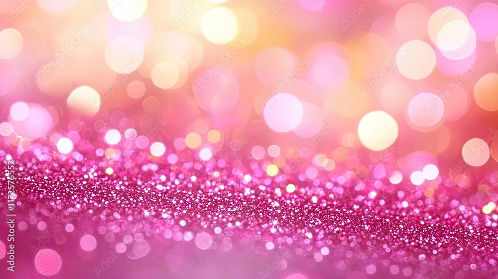 Poster Glitter abstract background concept. Vibrant bokeh background with sparkling pink and gold tones for creative projects.