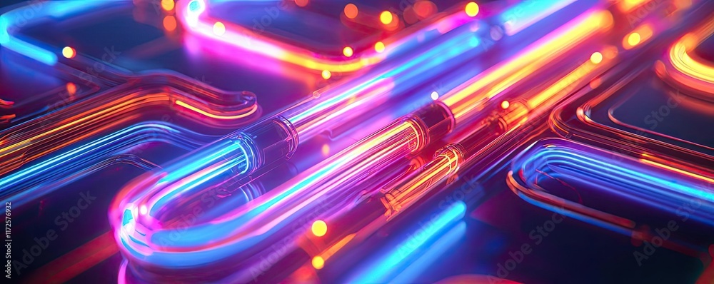 Poster Neon abstract background idea. Colorful neon lights create a vibrant abstract pattern in a digital environment.