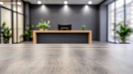 Fototapeta premium Modern Office Reception Area with Wood Desk and Green Plants