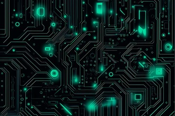 Abstract close-up of a glowing blue digital circuit board, showcasing intricate connections and technological design on a black background.
