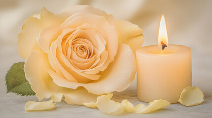 White candle with a rose and flower petals on grey stone panoramic background with copy space, funeral services web banner