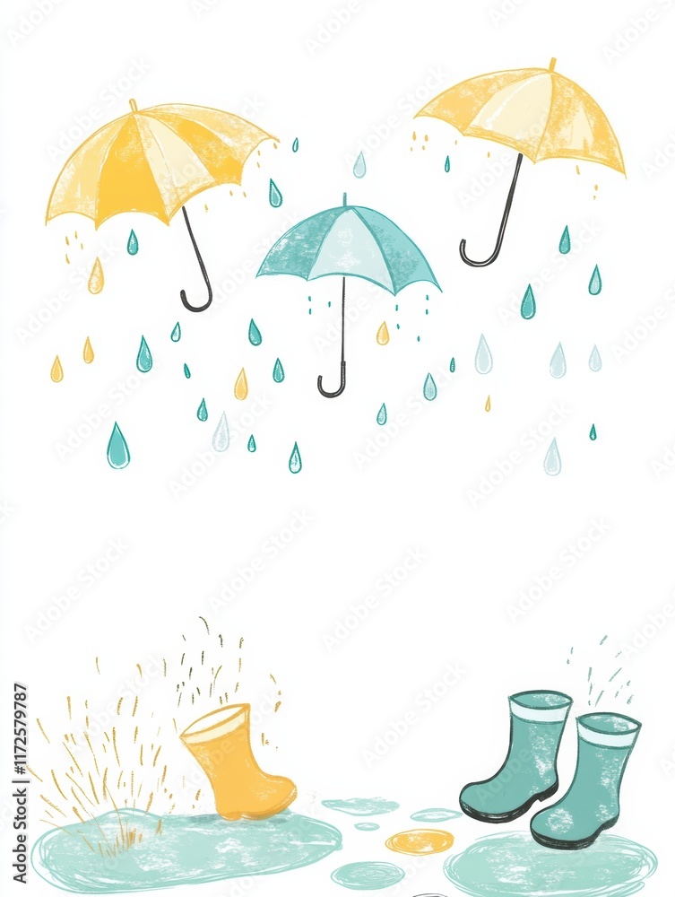 Poster playful doodle of umbrellas and rain boots amidst falling raindrops in a whimsical style. generative