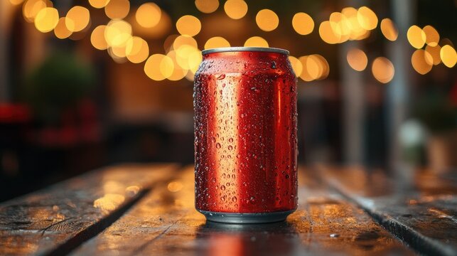 Refreshing Red Can on a Dewy Table Under Warm String Lights