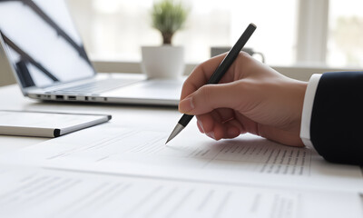Close-up of a person's hand writing on a document with a pen