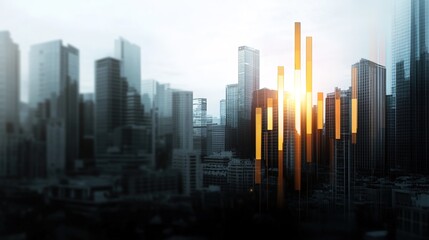 Fototapeta premium Sunrise Over Urban Landscape with Abstract Financial Data Visualization