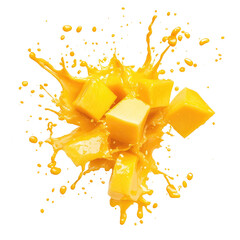 Fresh Mango Chunks Splashing in Juicy Yellow Liquid with Motion