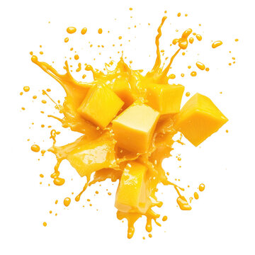 Fresh Mango Chunks Splashing in Juicy Yellow Liquid with Motion