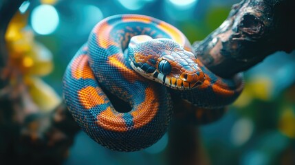Fototapeta premium Vibrant Snake Coiled Around a Branch: A Captivating Close-Up of a Colorful Reptile in its Natural Habitat
