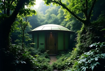 Mysterious Round House Surrounded by Lush Greenery in a Foggy Forest Setting