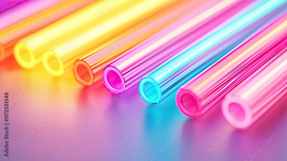 Poster neon abstract background idea. colorful straws arranged in a vibrant design, perfect for beverages a