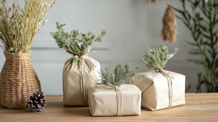 Rustic wrapped gifts with greenery on a wooden table.