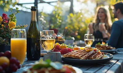A beautifully arranged brunch table with drinks and waffles in a sunny garden setting.