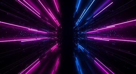 Naklejka premium Dark neon light strikes. Concept of movement, big data and technology background texture 