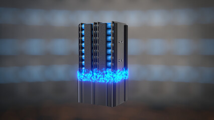 Assembling of e-bike Electric Battery - case is covering the assembly of cells. With futuristic eclectic glow effect. 3D Render