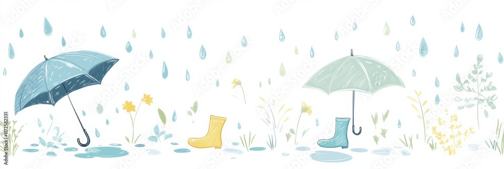 Aufkleber playful doodle of umbrellas and rain boots in a cheerful spring setting with flowers and raindrops. 
