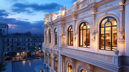 Elegant building illuminated at dusk, showcasing architectural beauty.