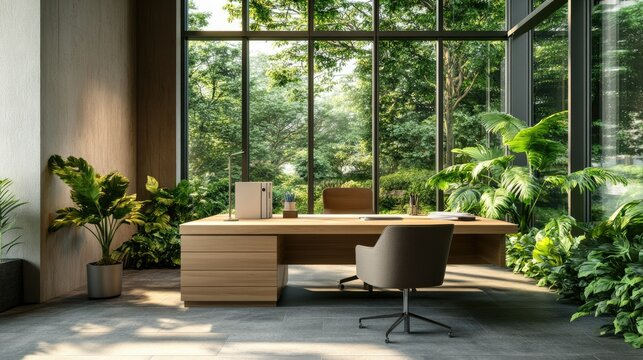 Biophilic Office Design: Embracing Nature in the Workplace. Modern office interior with large windows overlooking lush greenery, promoting a calm and productive work environment.