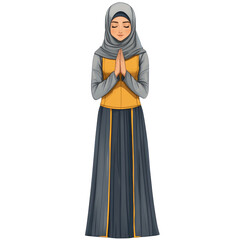 Naklejka premium Respectful Greeting by a Woman in Light Gray Hijab and Dark Blue Skirt