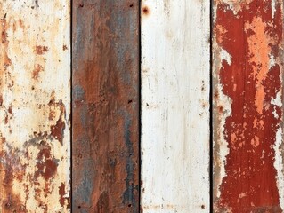 A textured wooden panel featuring a mix of rusty red, white, and weathered brown colors, showcasing a rustic and vintage aesthetic.