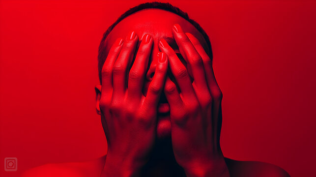 Young African American model covering face with crimson painted hands, expressing shame and vulnerability in vivid red studio setting