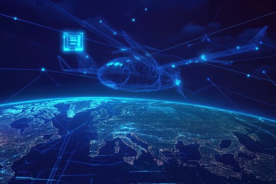 Futuristic aircraft in orbit above Earth featuring digital technology and connectivity