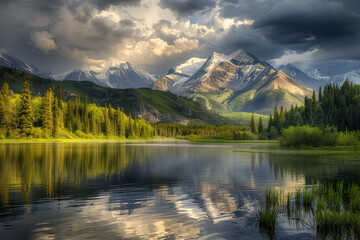Serene lake with a forest and tall, snow-capped mountains.
