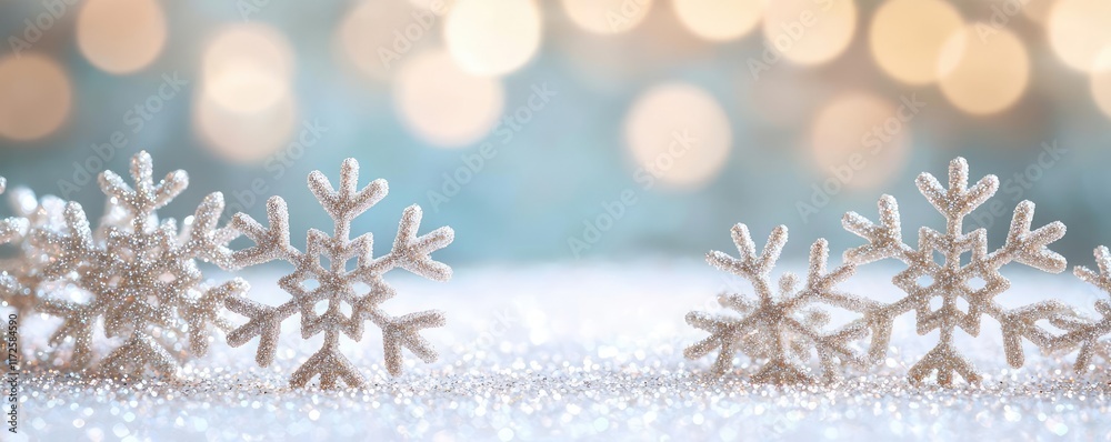 Aufkleber Glitter abstract background concept. Delicate snowflakes resting on a sparkling surface with soft bokeh lights in the background.
