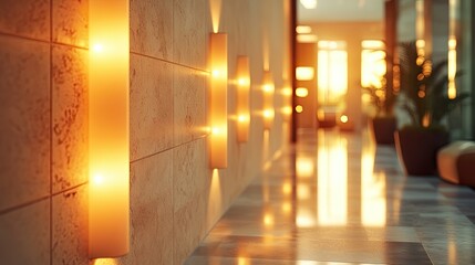 Fototapeta premium Warm Illuminated Hotel Hallway at Sunset