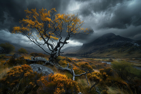 Stormy landscape with mountains, dark clouds and a lonely tree on the fells.