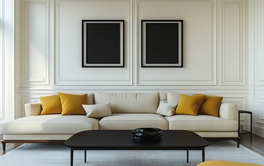 Modern beige sectional sofa in elegant living room.