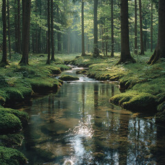 Obraz premium Sunlit forest stream flowing through mossy woods